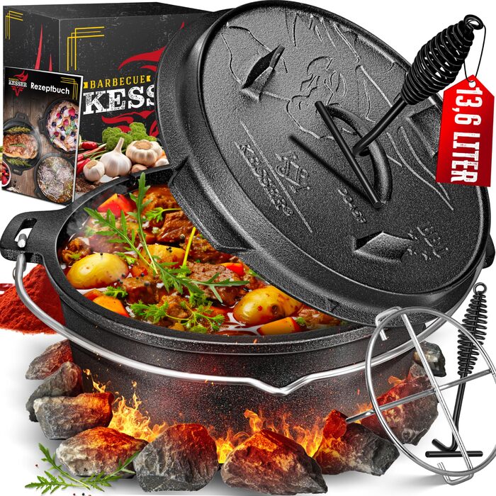 Набір чавунних казанів KESSER Dutch Oven для гриля та BBQ, 7.3 л, з підставкою з нержавіючої сталі, кришкознімачем та отвором для термометра, для використання на відкритому повітрі та вдома