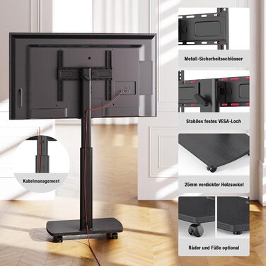 Підставка для телевізора на колесах з полицею, чорна, поворотна, регульована по висоті, VESA 400x400, для телевізорів 32-65 дюймів