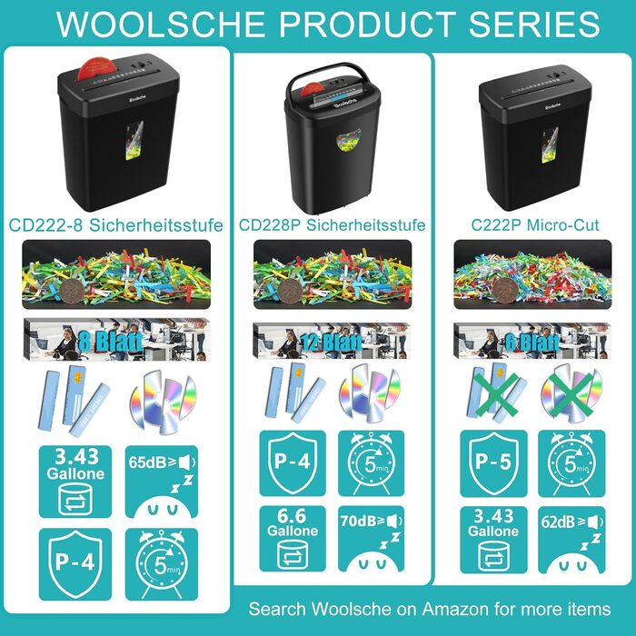 Шредер для документів Woolsche CD222-8: 8-аркушевий, P-4, з перехресним різанням, для офісу та дому