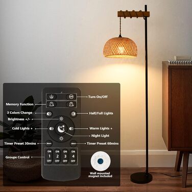 Вінтажний торшер Rayofly з можливістю затемнення, пульт дистанційного керування та світлодіод, бамбуковий ротанговий плафон у стилі бохо, стиль 1