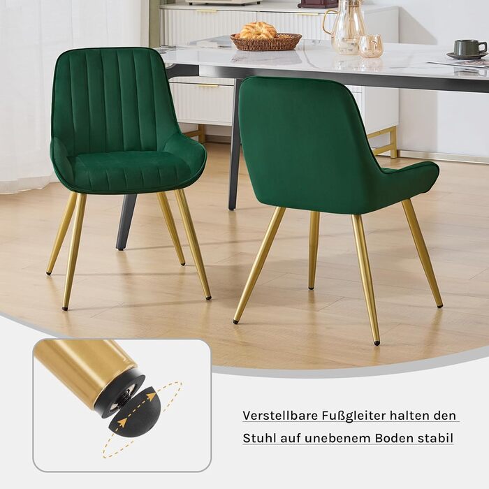 Набір з 2 стільців Lestarain для їдальні, вітальні, кухні. Ретро стільці з м'яким сидінням з оксамиту та металевими ніжками, до 150 кг, темно-зелений оксамит