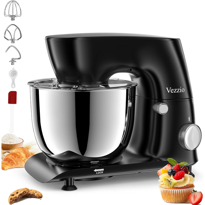 Кухонна машина Vezzio для випічки, 5.5л, 1500Вт, планетарне мішування, з набором насадок (чорна)