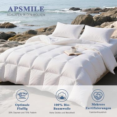 Пухова ковдра APSMILE 200x200 см з натурального пуху та пера, біо-бавовна, для алергіків, сертифікат Ökotex, RDS, середньої теплоти, біла, цілорічна