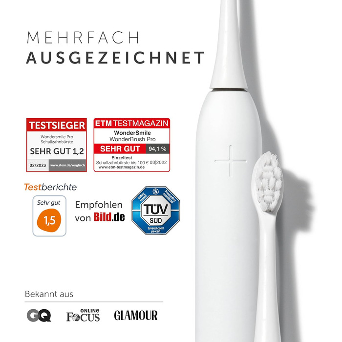 Електрична зубна щітка Wondersmile PRO - переможець тесту 2025 - 100 днів без ризику - TÜV-сертифікована, 4 програми, акумулятор 60 днів, смарт-насадка, 1 шт. (All White Bundle)