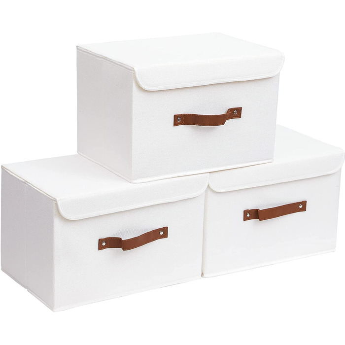 Коробка для зберігання Yawinhe з 3 предметів з кришкою, складна кошик для зберігання одягу з лляної тканини для рушників, книг, іграшок, одягу (33x23x20 см, біла)