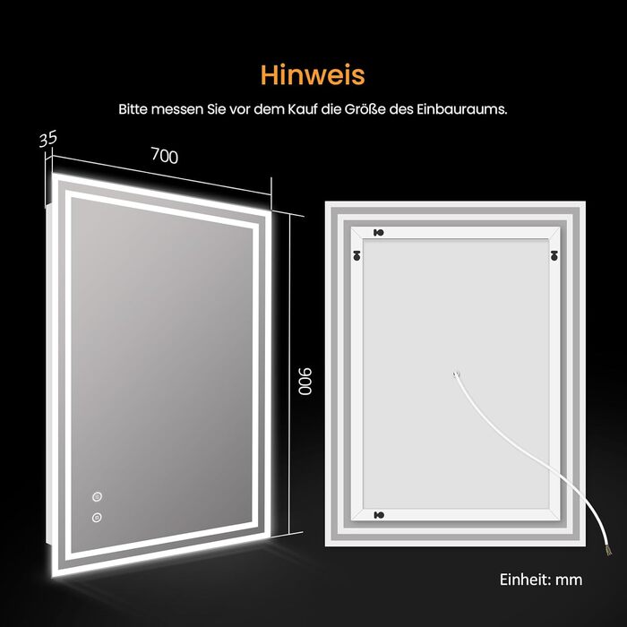 Дзеркало для ванної кімнати EMKE з підсвіткою 50x60 см, з антизапарюванням, 2 кольори світла (тепле/холодне), LED, сенсорне керування