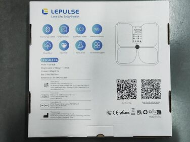 Шкала жиру в організмі Lepulse Lescale F4, ваги для ванної кімнати з аналізом тіла, 15 вимірювань, великий дисплей (білий)