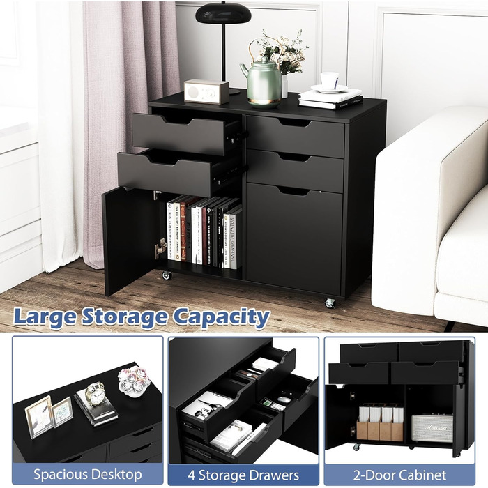 Шафа для документів Komfotteu з 5 колесами, контейнер на коліщатах з 4 шухлядами та 2 дверцятами, дерев'яний офісний контейнер, шафа для документів, візок для офісу, стіл для принтера для офісу, вітальні (Білий) (Чорний)