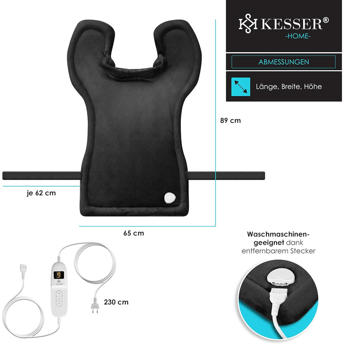 Електричне грілка для спини, шиї та плечей KESSER® з таймером, 9 температурних режимів, 60x85 см, з ремінцем для талії, пульт дистанційного керування, антрацит