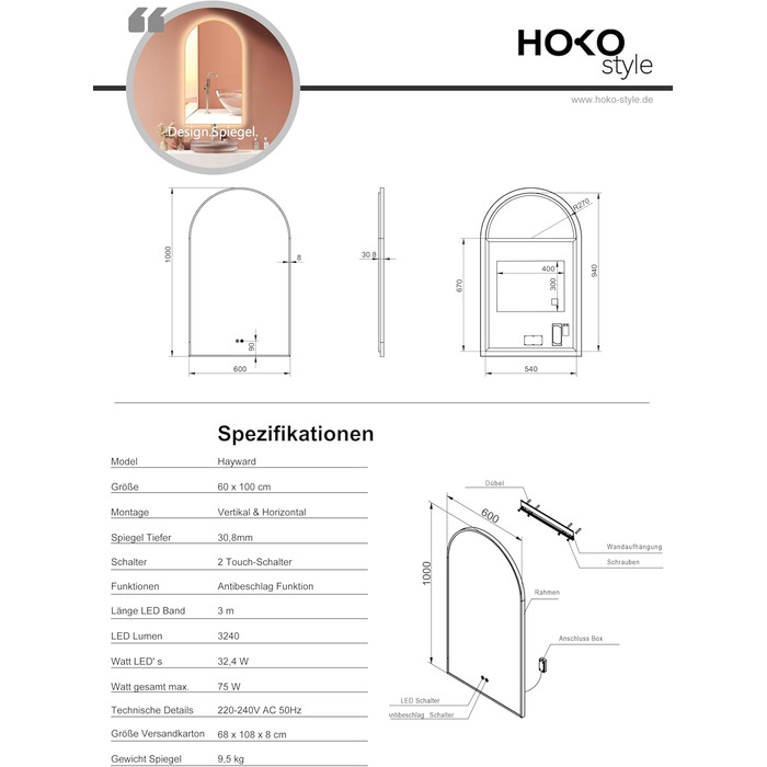 Дзеркало для ванної кімнати LED HOKO Design Turin, овальне, 45x75 см, матовий чорний, з підсвічуванням, сенсорне керування, зміна кольору світла (тепле/холодне/нейтральне), антизапарювання, монтаж HOCH+QUER