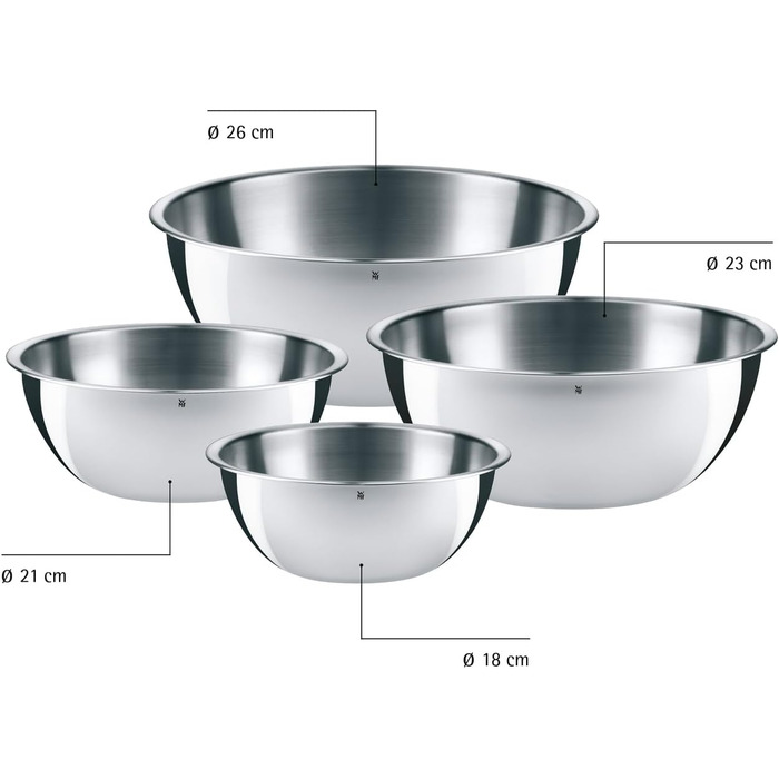 Набір кухонних мисок WMF Gourmet 4 шт. з нержавіючої сталі, 0,75л - 2,75л, миски для приготування, салатники, сервіровочні миски, Cromargan, з можливістю складання