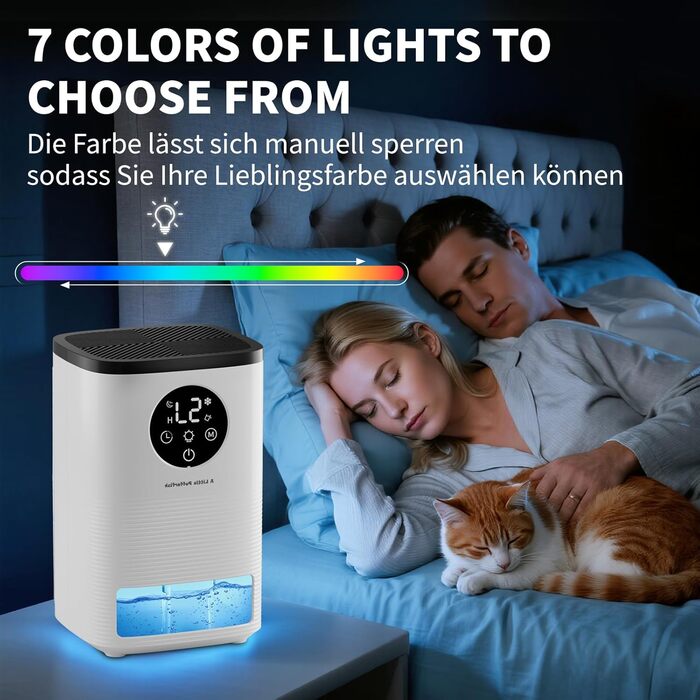 Електричний осушувач повітря 1600 мл, портативний, тихий, з автоматичним вимкненням та 7-кольоровим підсвічуванням для спальні, ванної кімнати та дому