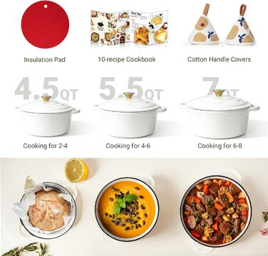 Чавунна каструля-гульяш Overmont з емалевим покриттям, 26 см, 5.2 л, перламутрово-біла, з кришкою та кулінарною книгою, підходить для духовки