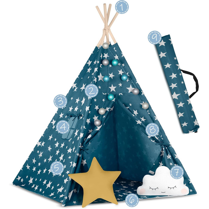 Дитячий намет NUKIDO Tipi з бавовни та дерев'яним каркасом, блакитний, 120x120x165 см