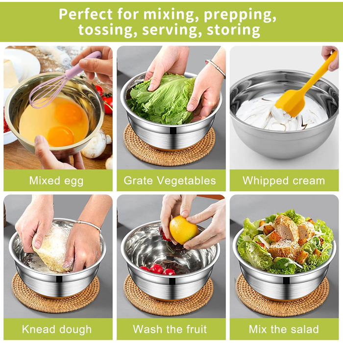 Набір міксерів YlYADl (31 предмет) - 6 нержавіючої сталі миски з кришкою та силіконовим дном (0.8-2.9L), стекові, 3 насадки-тертки