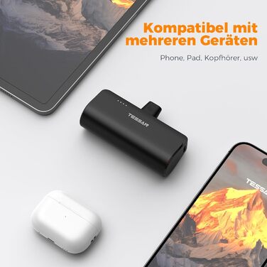 Вт для телефону/планшета, вбудований штекер, чорний, 5000mAh Mini USB C Power Bank, 10,5