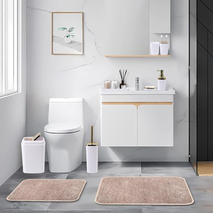 Комплекти аксесуарів для ванної кімнати, 9 предметів: сміттєвий бак, лоток для косметики, дозатор мила, мильниця, стакан для зубної щітки, щітка для унітазу, тримач для ватних паличок (білий та золотий), комплект для ванної + штора для душу + килимок для 