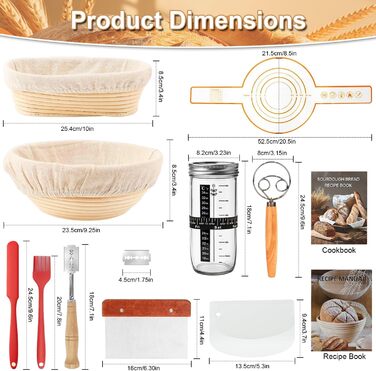 Набір для приготування закваски (12 шт.), 23,5см & 25,4см: корзини для бродіння, скляна тара для закваски, лопатки та мішалки для тіста. Ідеально для початківців