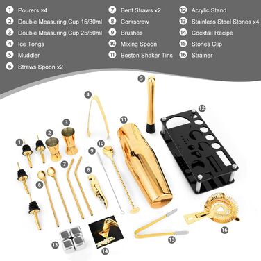 Набір шейкерів для коктейлів, 23 предмети Бостонський набір бармена з нержавіючої сталі з акриловою підставкою та буклетом з рецептами коктейлів, професійні барні інструменти для змішування напоїв, дім, бар, вечірка - (золото)