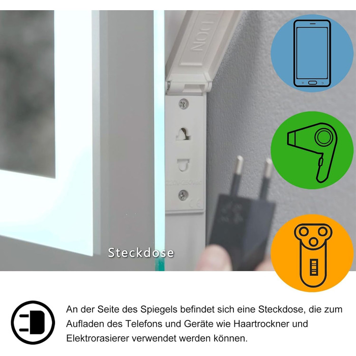 MIQU Дзеркало для ванної кімнати з підсвічуванням LED 60x50 см, сенсорне, проти запотівання, з Bluetooth та розеткою, 3 кольори світла, диммування