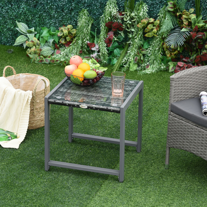 Приставний столик Outsunny® Garden із загартованим склом, полі ротанг і алюміній, стійкий до погодних умов і сучасний для садового балконного патіо