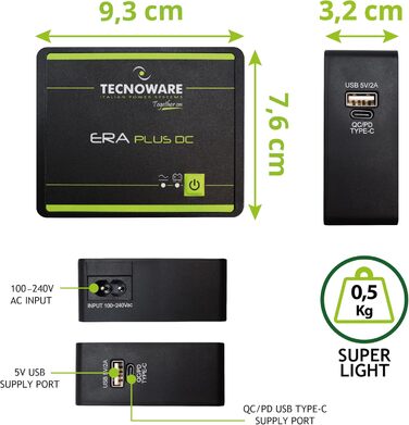 Mini UPS Tecnoware ERA Plus DC для WiFi, модему, відеоспостереження: Powerbank 5200mAh, захист від стрибків напруги та відключень (до 240 хв)