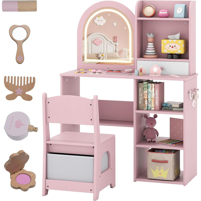Дитячий туалетний столик LIFEZEAL 2 в 1 з дзеркалом та пуфом, рожевий, з ящиком та аксесуарами для дівчаток від 3 років