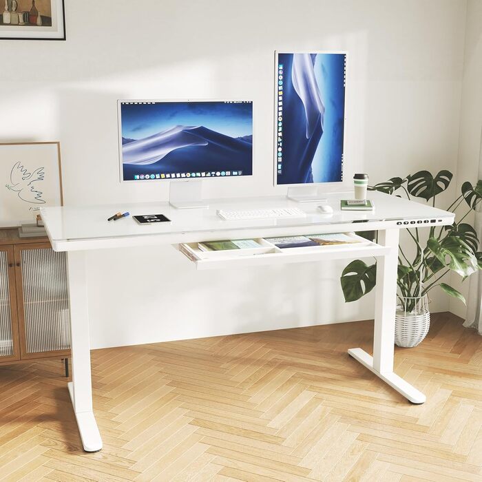 Регульований за висотою стіл JUMMICO, електричний стіл з ящиком, 120x60 см, стіл для стоячи/сидячи, Standing Desk для дому/офісу, білий (140 x 70 см, білий)