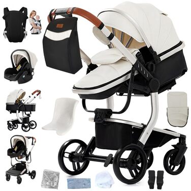 Дитяча коляска 3 в 1 Kinderwagen, 0-4 роки, компактна, складна, з автокріслом, аксесуари (біла)
