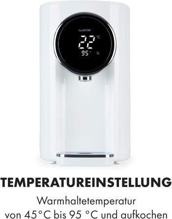 Klarstein Hot Spring Plus: Дозатор гарячої води, 5 л, LCD-дисплей, 45-95°C, нержавіюча сталь, захист від сухого кипіння та перегріву, блокування від дітей