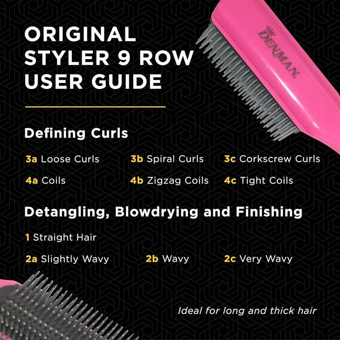 Щітка для укладання кучерявого волосся Denman Curly Hair Brush D4 (All Black) - для довгого волосся та чітко окреслених кучерів (рожевий/сірий, рожевий/сірий)