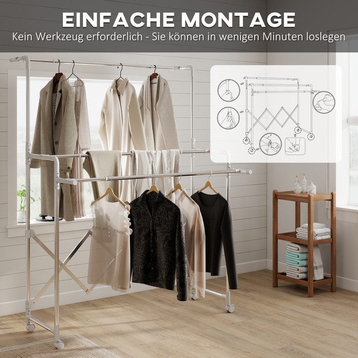 Сушарка для білизни HOMCOM, складана з 3 регульованими перекладинами, металева турбосушарка на коліщатках, турбосушарка для білизни для використання в приміщенні та на вулиці