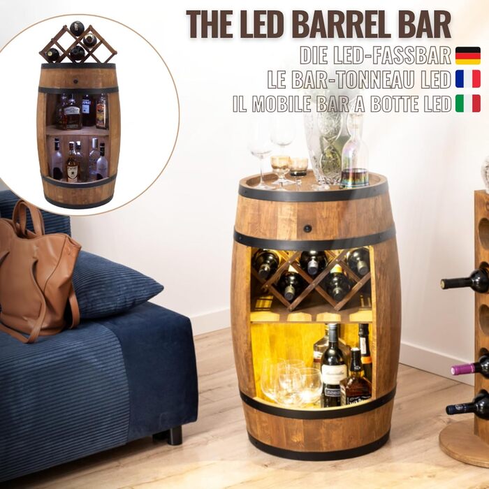 Дерев'яна винна шафа-бар Fass від Creative Cooper з LED підсвічуванням, 80x50 см - Рустичний декор для дому