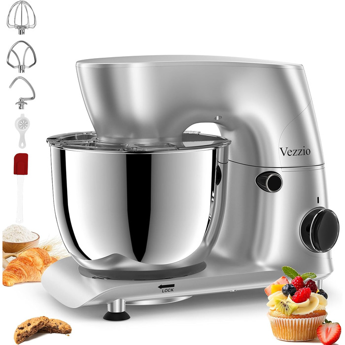 Кухонна машина Vezzio для випічки з планетарним міксером, 5.5л, 1500W, з набором насадок (крюк, вінчик, захист від бризок)