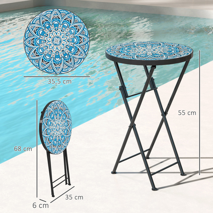 Outsunny Side Table Складаний садовий стіл з мозаїчним дизайном, Ø35,5 x 55 см Круглий стійкий до погодних умов металевий балконний стіл, Кемпінговий стіл Розкладний стіл Журнальний столик для вітальні, офіс, Відкритий Внутрішній, Синій, Синій