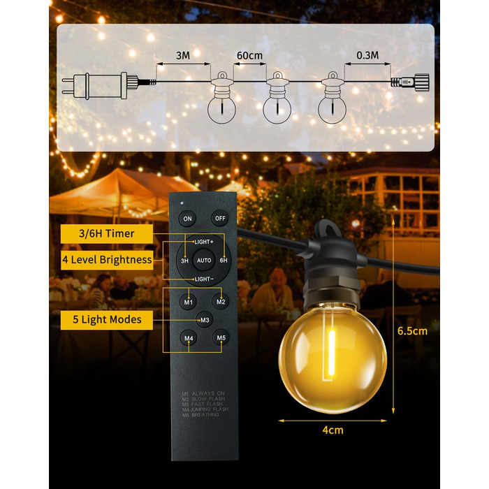 Ланцюжок прикрас для зовнішнього використання, 10м, G40 лампочки. Водостійкий (IP68), диммування, з пультом ДУ. Ідеально для балкона, павільйону, саду, тераси, вечірки, весілля.