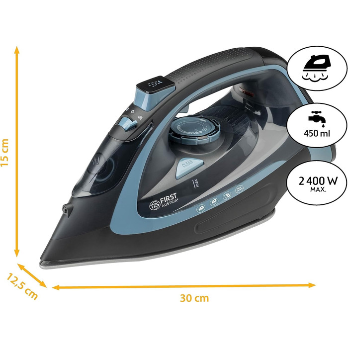 Бездротова парова праска TZS в Австрії з базовою станцією Регульована температура та сила пари Керамічна підошва, вертикальна пара, крапля-стоп, захист від вапняного нальоту, самоочищення Резервуар для води 450 мл Чорний/Синій