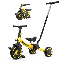 Бесрей 5-в-1 Дитячий Біговел, Триколісний Велосипед для Малюків 1-4 Років (Жовтий з Ручкою)