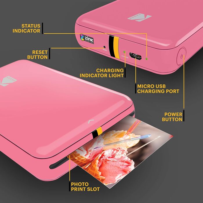 Фотодрук KODAK Step: Портативний міні-друк фото з телефону, Bluetooth, iOS/Android, рожевий