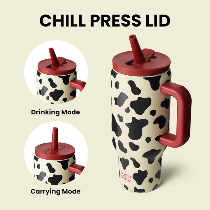 Термокружка-пляшка 900 мл з нержавіючої сталі з ручкою та трубочкою – без BPA, подвійні стінки, не протікає – для подорожей, офісу, університету, спорту та як подарунок (з принтом 