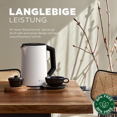 Електричний чайник BALTER з регулюванням температури, 40°C-100°C, подвійні стінки, без BPA, тихий та бездротовий, 1.5L, 2200W, білий
