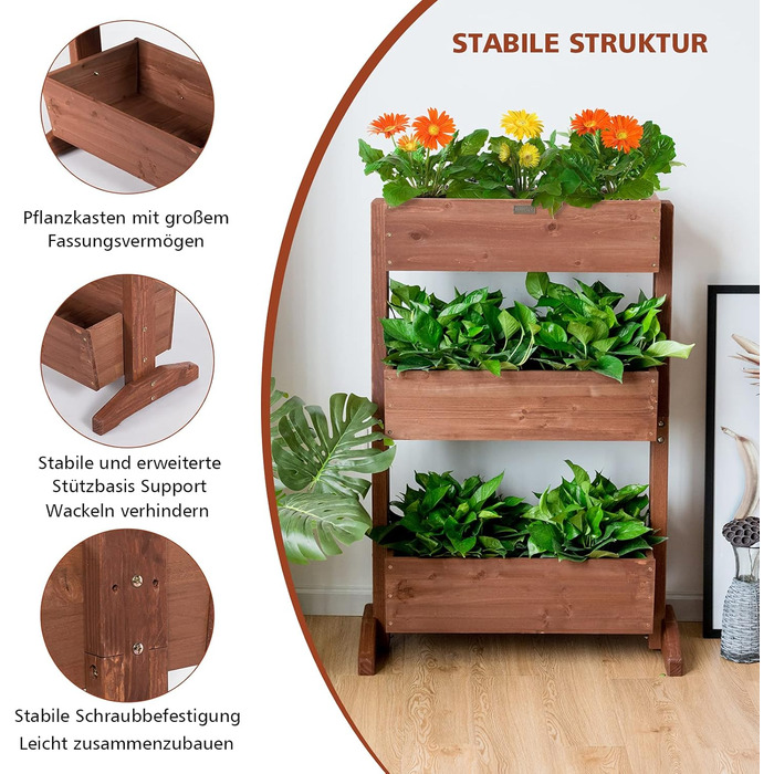 Вертикальна грядка COSTWAY з 3 рівнями, 6 контейнерами для квітів, дерев'яний ящик для тераси, балкона або саду 126x90x115 см (коричневий)