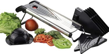 Мандоліна для нарізання овочів Chef's INSPIRATIONS з V-подібною лезою, овочевий терт, слайсер та джигунер. В комплекті 6 насадок, щітка для чищення та захисний рукавичка. Нержавіюча сталь.