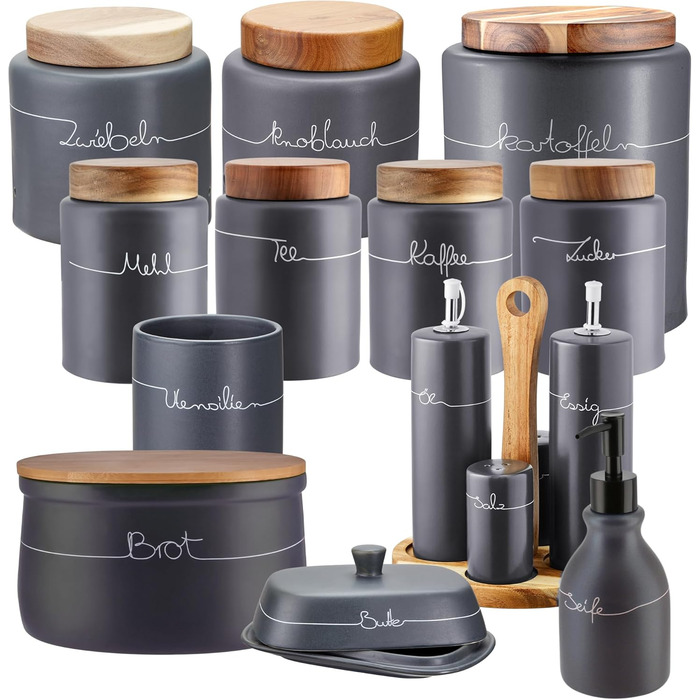 Контейнер для зберігання KHG, кераміка, сірий антрацит з дерев'яним кришкою, 4 кг, круглий, з маркуванням, набір, висота 28 см