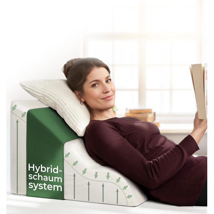 Ергономічна подушка для читання в ліжко та диван – зручна подушка для спини з Memory Foam – підходить як подушка при рефлюксі, клиновидна подушка для ліжка, подушка для спини в ліжку та сидячи, подушка для дивана, кістка для читання ВІДМІННО БІЛА