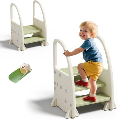 Дитячий ходунок-стілець Hoopyosms Tritthocker з ручкою, безпечний та стійкий, 2/3 сходинки для ванної, кухні та туалету (зелений)