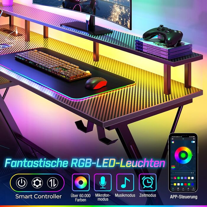 Ігровий стіл SEVEN WARRIOR з LED підсвічуванням та розетками, 120 см, з підставкою для монітора та системного блоку, з гачками та підставкою для ніг, для спальні/офісу, 120 x 47 x 87 см