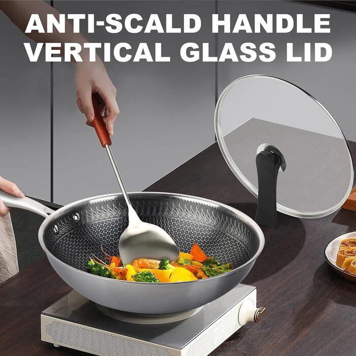 Вок RIOVARM 32 см з нержавіючої сталі з кришкою, антипригарне покриття, плоске дно, індукційні та газові плити, посудомийна машина, духовка, тришарова структура