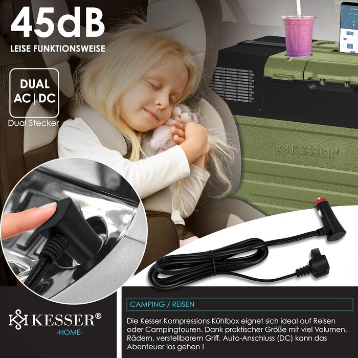 Автомобільний компресорний холодильник KESSER 42L з Wi-Fi, 12/24/230V, до -20°C, з колесами та телескопічною ручкою для кемпінгу, фургонів, вантажівок + 2 акумулятори холоду (52л, Хакі)