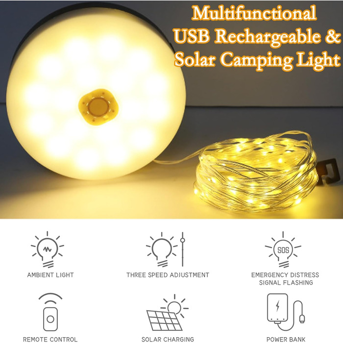 Рулонні 10-метрові струнні ліхтарі для кемпінгу, сонячна батарея/USB, дистанційне керування, 8 режимів, водонепроникний, портативний